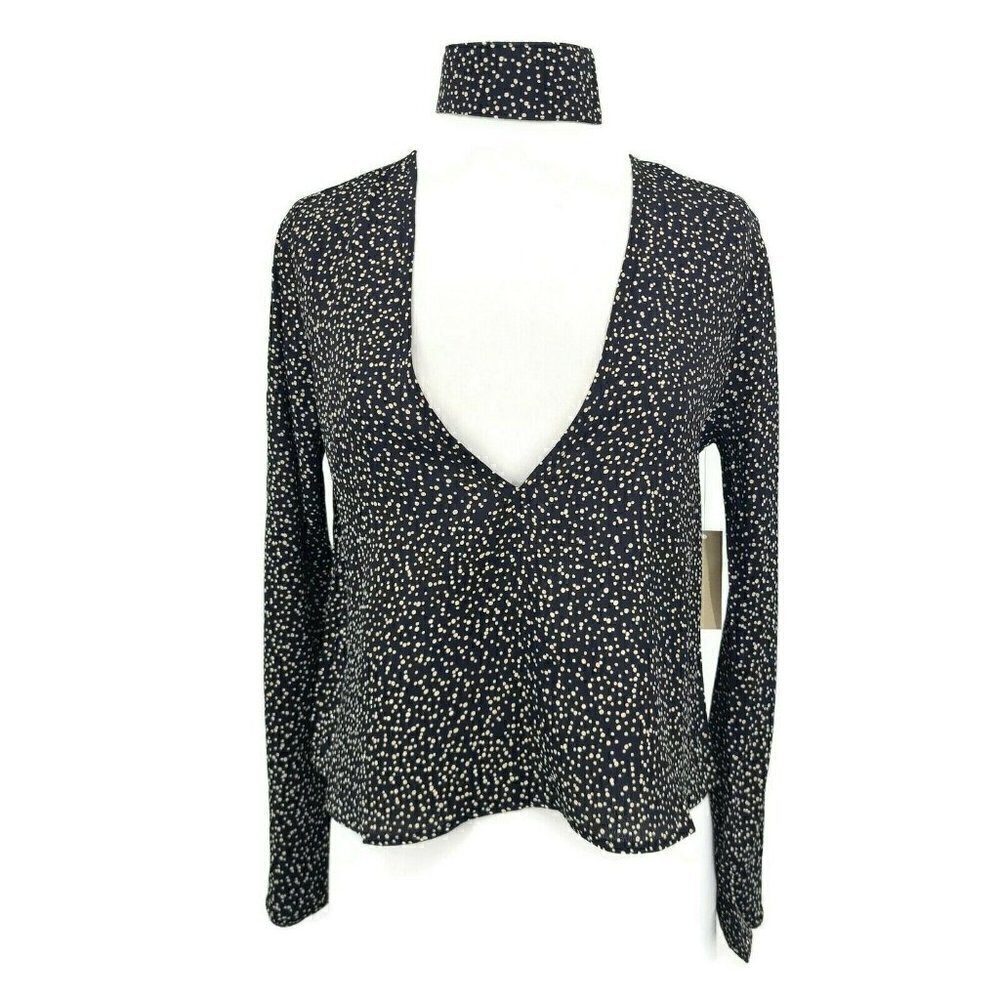 New Flynn Skye Memphis Top Womens S Black White Dots Long Sleeve Choker